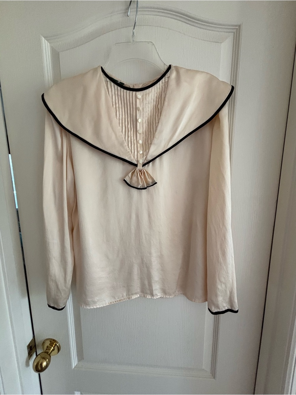 Cullinane sz 8 Vintage 80’s 90’s ivory silk blouse sailor collar pleat bow - Picture 2 of 13